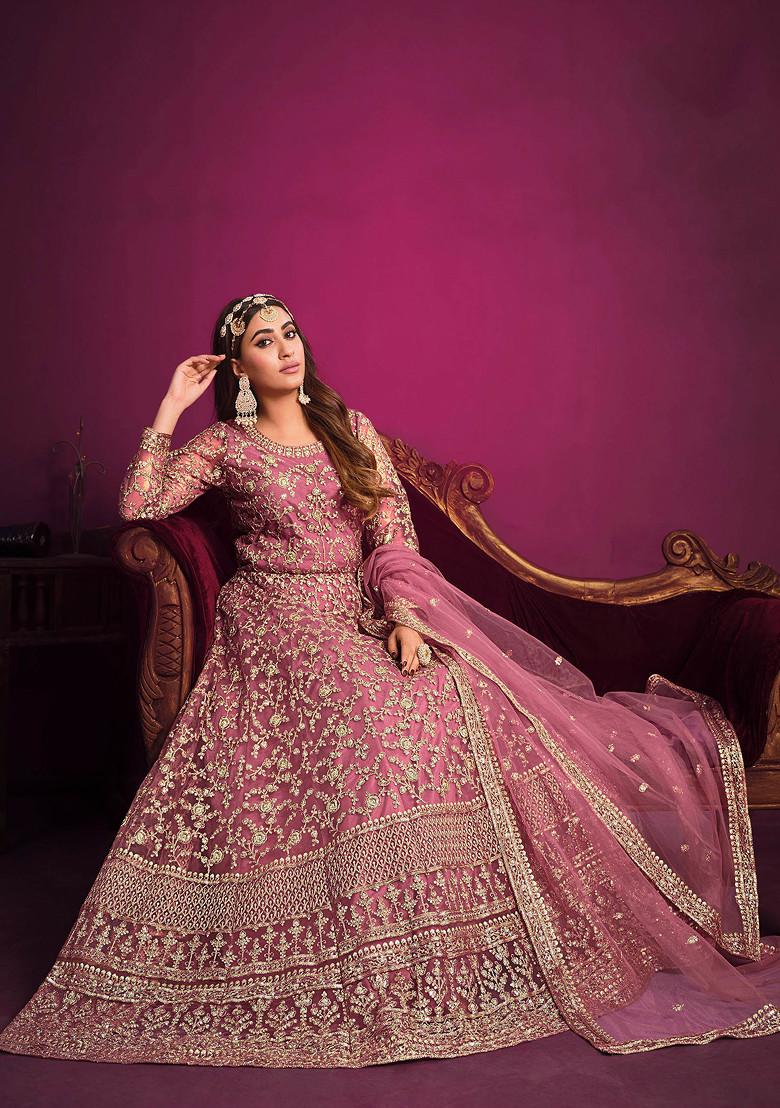Pink Zari Embroidered Net Anarkali Set
