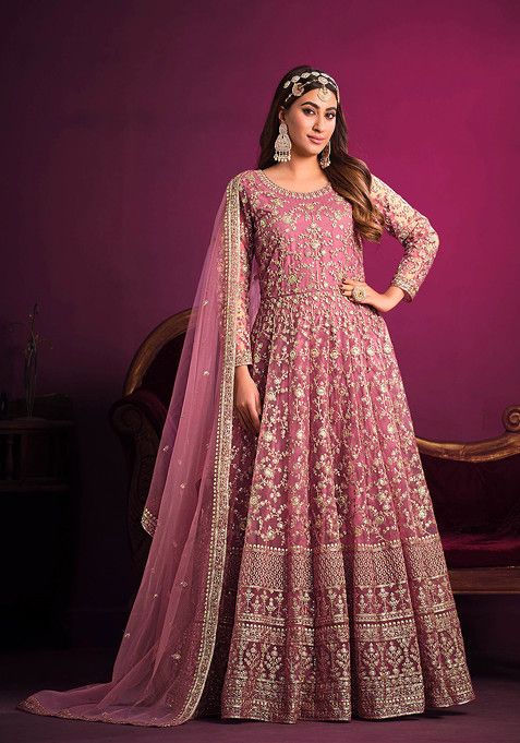 Pink Zari Embroidered Net Anarkali Set