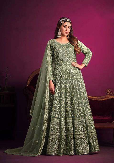 Dark Sea Green Zari Embroidered Net Anarkali Set