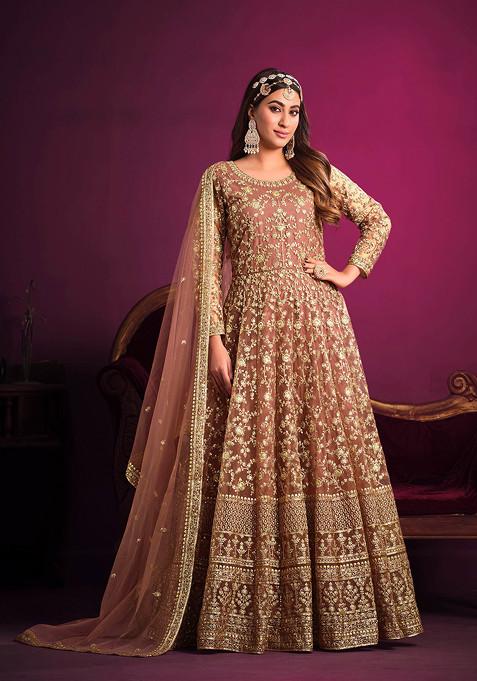 Light Coral Zari Embroidered Net Anarkali Set