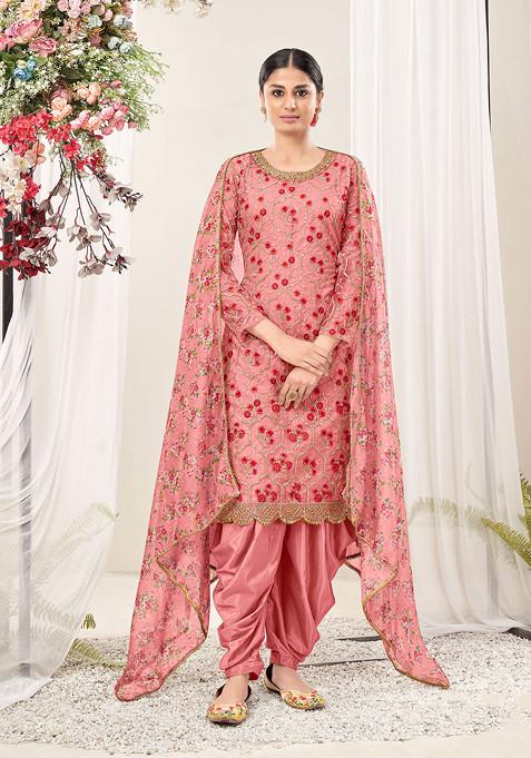 Pink Thread Embroidered Work Net Kurta Set