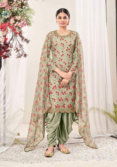 Light Green Thread Embroidered Work Net Kurta Set