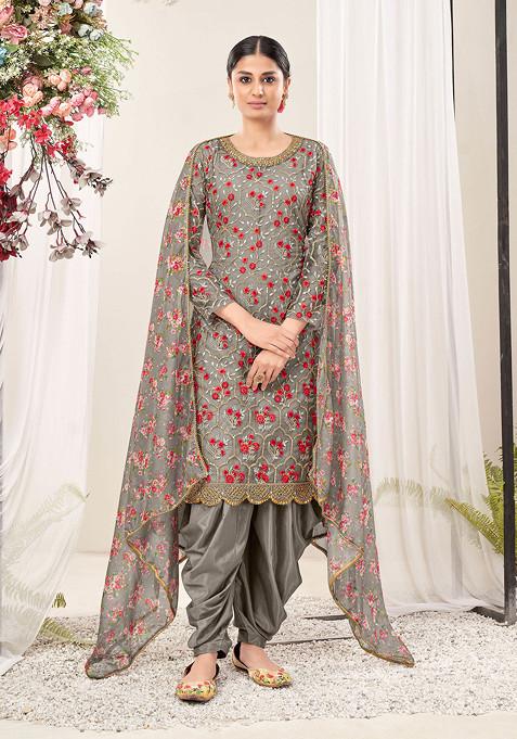 Grey Thread Embroidered Work Net Kurta Set