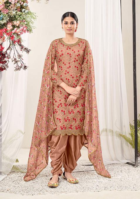 Chiku Brown Thread Embroidered Work Net Kurta Set
