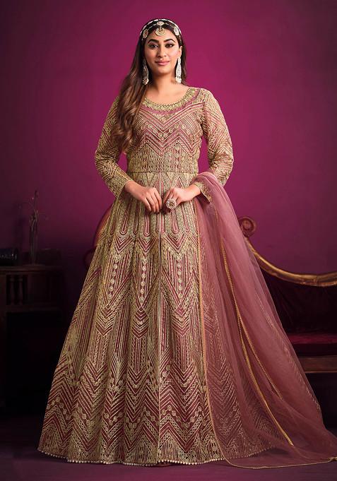 Onion Pink Zari Embroidered Net Anarkali Set