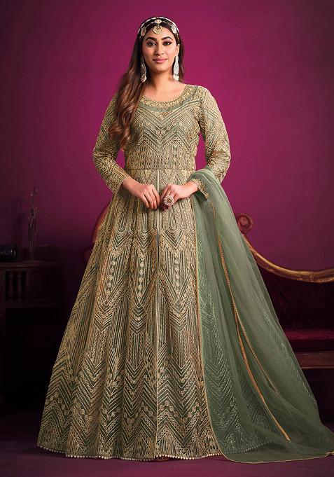 Sea Green Zari Embroidered Net Anarkali Set