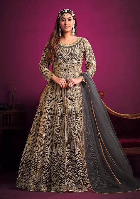 Charcoal Grey Zari Embroidered Net Anarkali Set