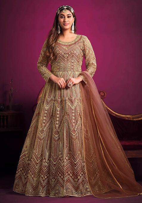 Light Brown Zari Embroidered Net Anarkali Set