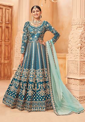 Teal Blue Zari Embroidered Art Silk Anarkali Set
