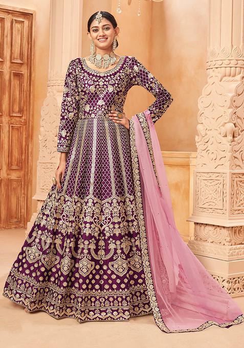 Purple Zari Embroidered Art Silk Anarkali Set