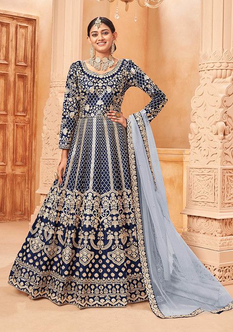 Navy Blue Zari Embroidered Art Silk Anarkali Set