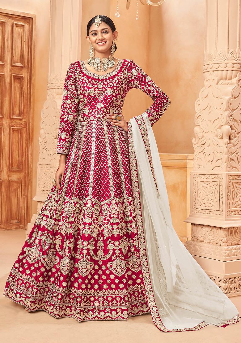Ruby Zari Embroidered Art Silk Anarkali Set