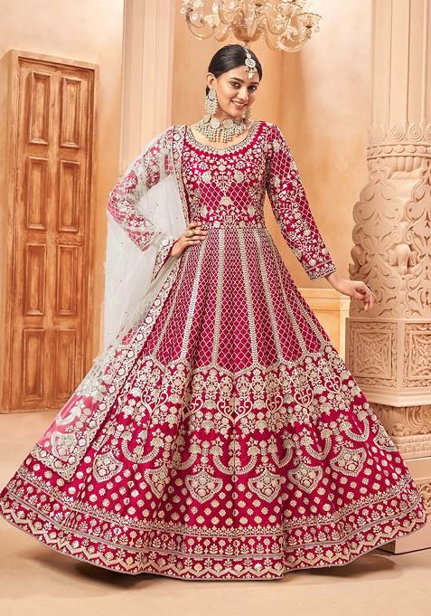 Ruby Zari Embroidered Art Silk Anarkali Set