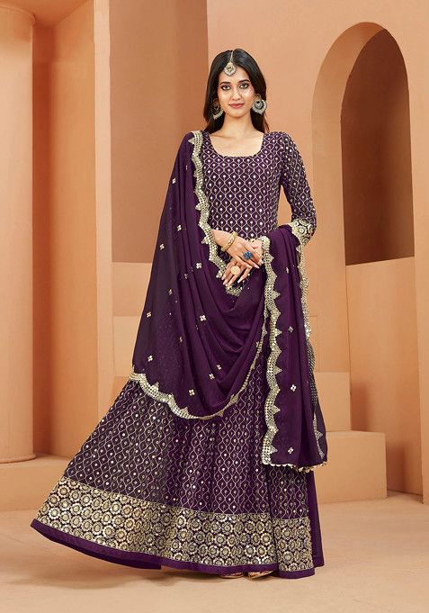 Purple Sequin Embroidered Faux Georgette Anarkali Set