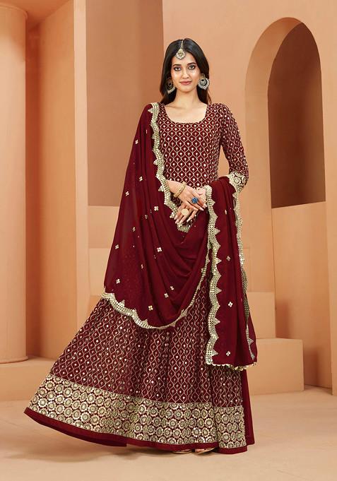 Maroon Sequin Embroidered Faux Georgette Anarkali Set