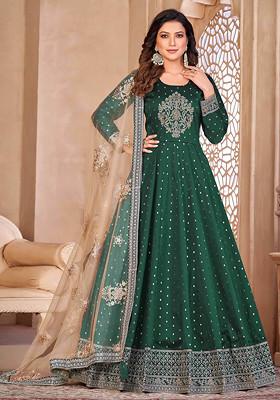 Green Thread Embroidered Work Taffeta Butti Anarkali Set With Dupatta