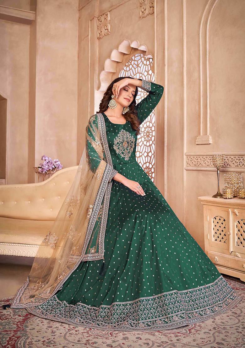 Green Thread Embroidered Work Taffeta Butti Anarkali Set