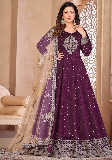 Wine Thread Embroidered Work Taffeta Butti Anarkali Set