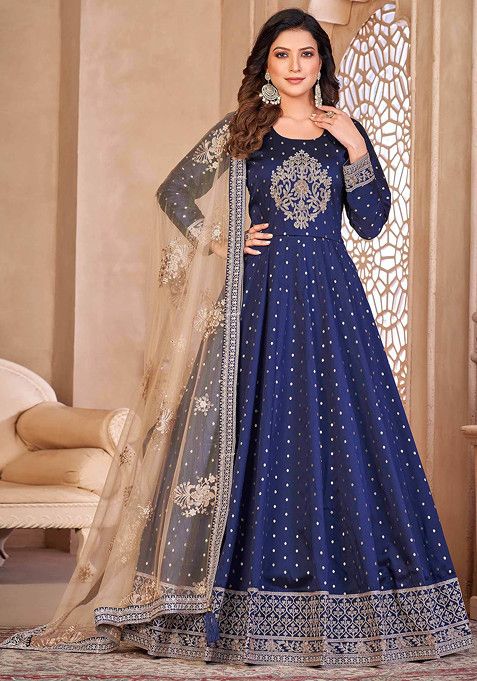 Blue Thread Embroidered Work Taffeta Butti Anarkali Set