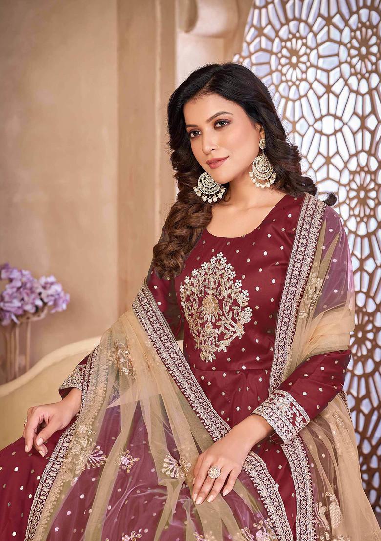 Maroon Thread Embroidered Work Taffeta Butti Anarkali Set - Indya