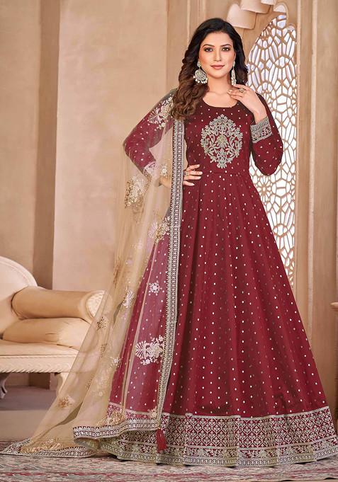 Maroon Thread Embroidered Work Taffeta Butti Anarkali Set