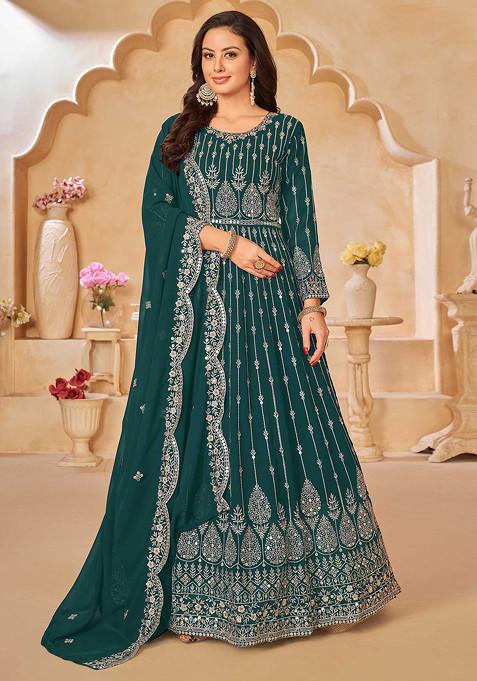 Teal Green Sequin Embroidered Faux Georgette Anarkali Set