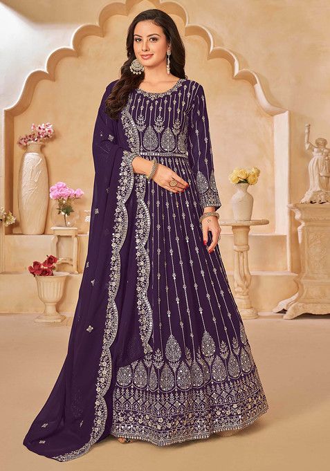 Purple Sequin Embroidered Faux Georgette Anarkali Set