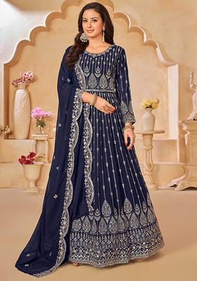 Navy Blue Sequin Embroidered Faux Georgette Anarkali Set