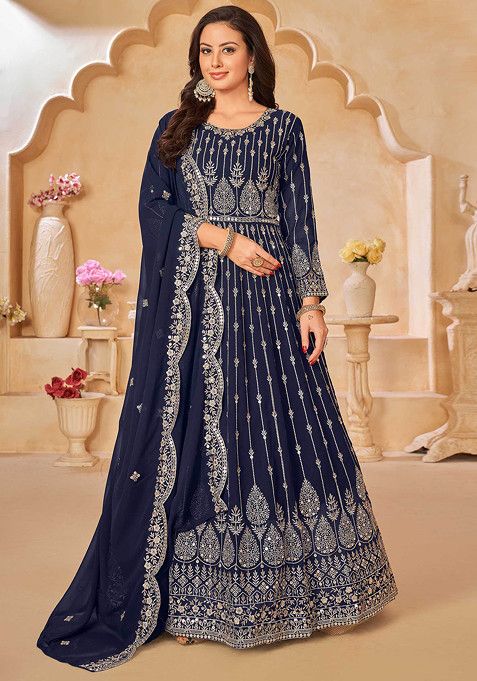 Navy Blue Sequin Embroidered Faux Georgette Anarkali Set