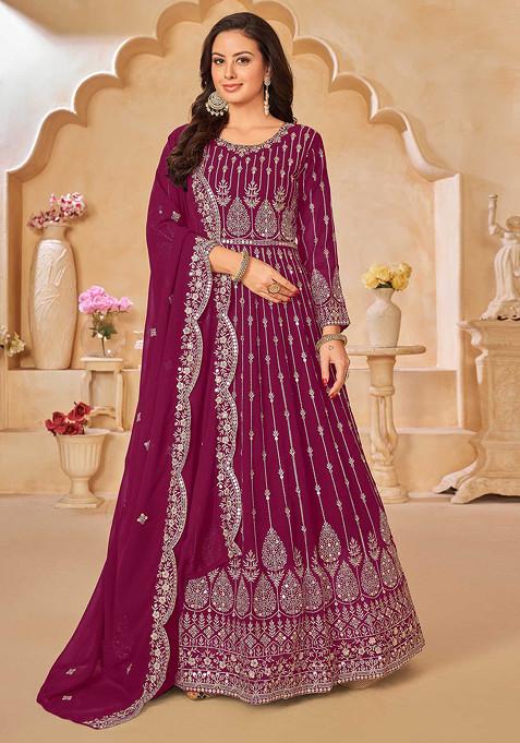 Magenta Sequin Embroidered Faux Georgette Anarkali Set