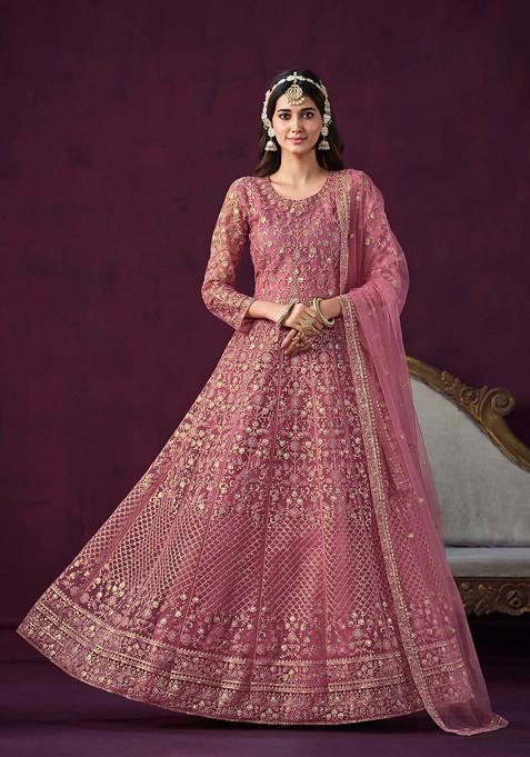 Pink Sequin Embroidered Net Anarkali Set