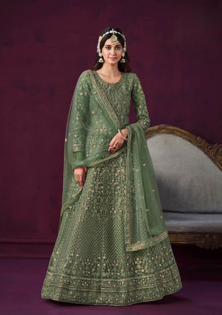 Mehendi Sequin Embroidered Net Anarkali Set