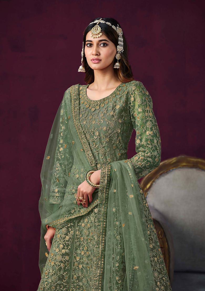 Mehendi Sequin Embroidered Net Anarkali Set