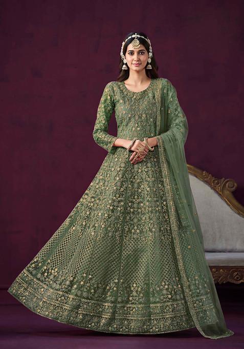 Mehendi Sequin Embroidered Net Anarkali Set