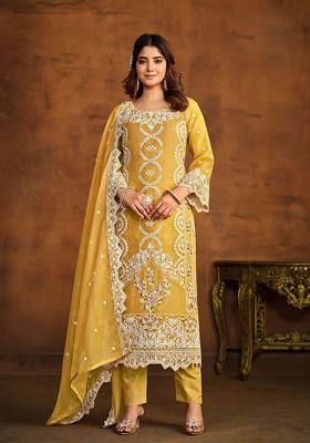Yellow Thread Embroidered Work Soft Organza Anarkali With Dupatta
