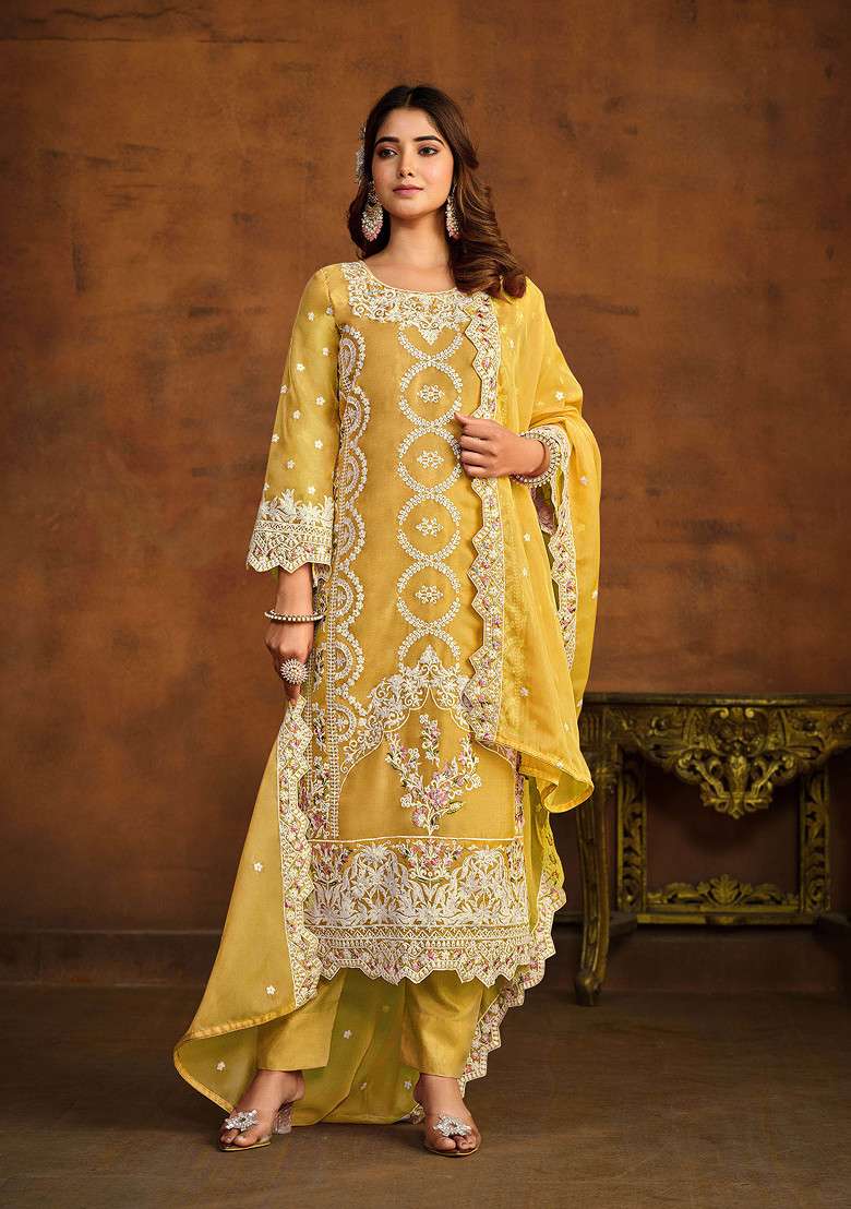 Yellow Embroidered Organza Pakistani Suit Set - Indya
