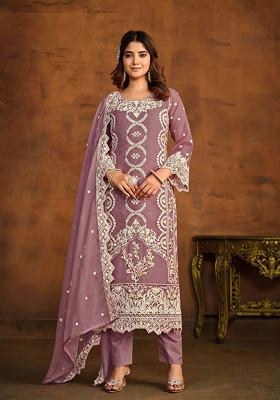 Mauve Thread Embroidered Work Soft Organza Anarkali Set