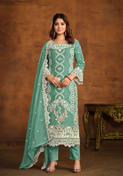 Light Green Thread Embroidered Work Soft Organza Anarkali Set