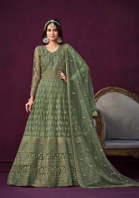 Mehendi Sequin Embroidered Net Anarkali Set