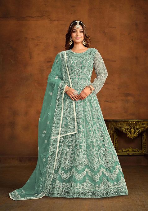 Sea Green Thread Embroidered Net Anarkali Set