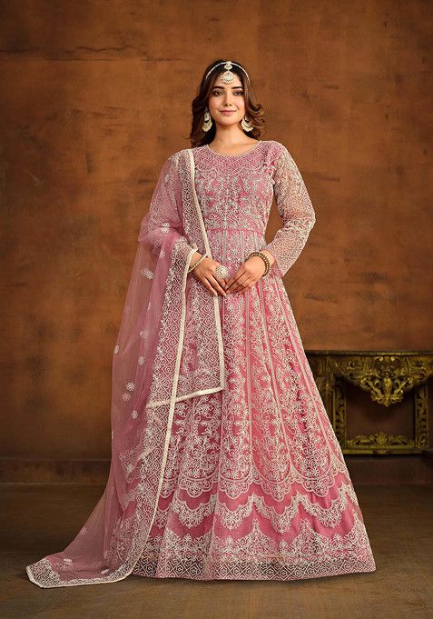 Pink Thread Embroidered Net Anarkali Set