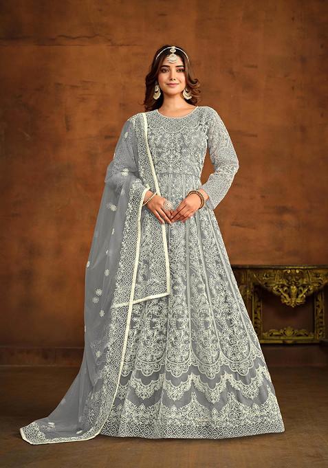 Grey Thread Embroidered Net Anarkali Set