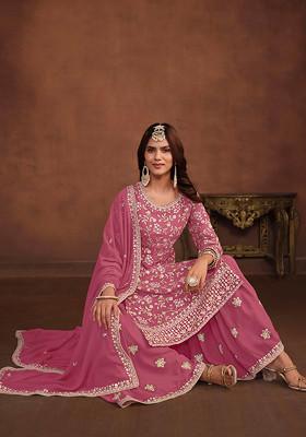 Pink Thread Embroidered Work Faux Georgette Kurta Set With Dupatta