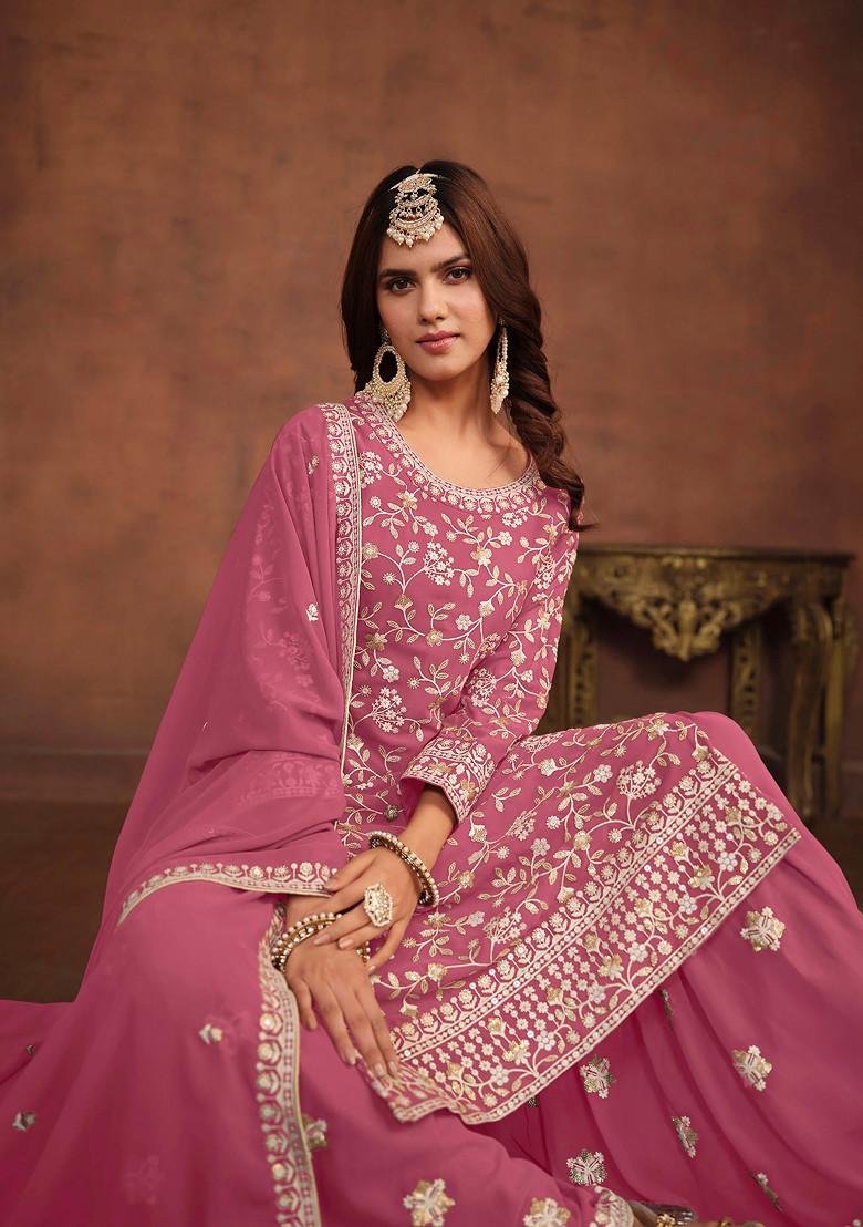 Pink Thread Embroidered Work Faux Georgette Kurta Set