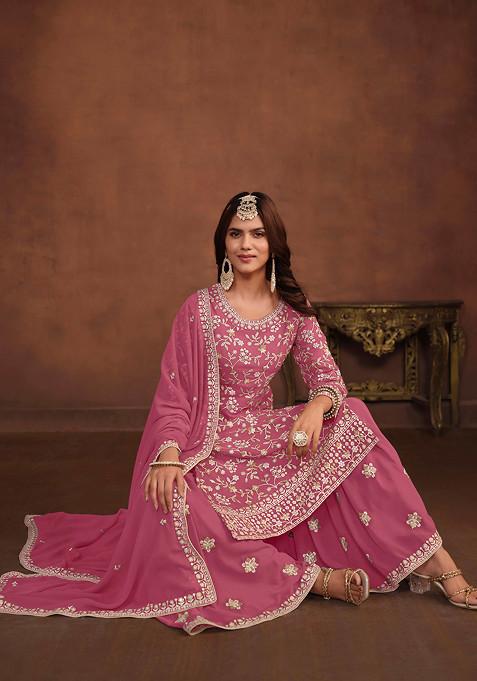 Pink Thread Embroidered Work Faux Georgette Kurta Set