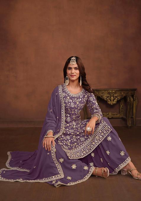 Purple Thread Embroidered Work Faux Georgette Kurta Set