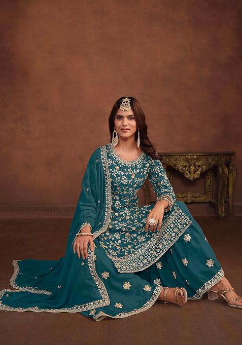 Teal Thread Embroidered Work Faux Georgette Kurta Set