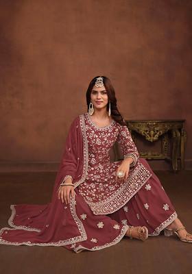 Dark Crimson Thread Embroidered Work Faux Georgette Kurta Set