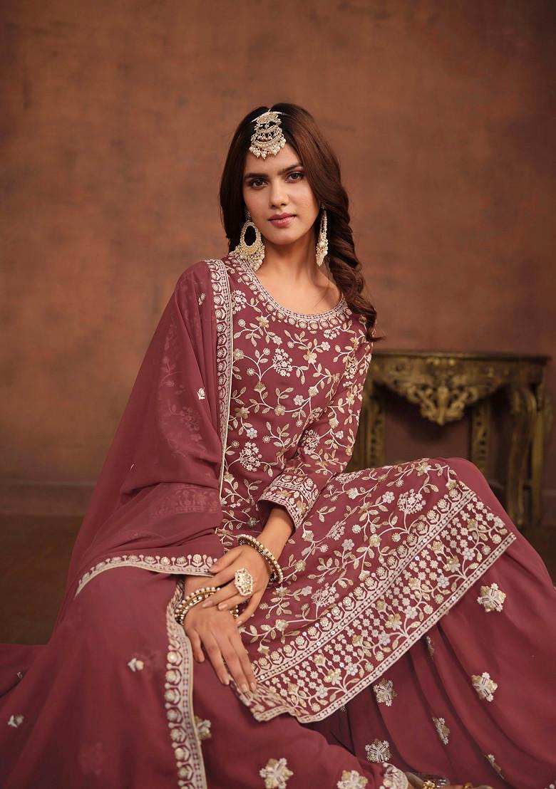 Dark Crimson Thread Embroidered Work Faux Georgette Kurta Set