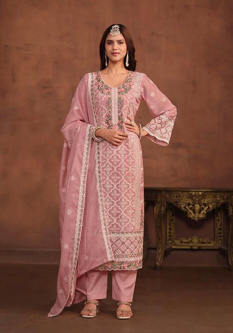 Baby Pink Thread Embroidered Work Soft Organza Kurta Set